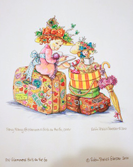 ROBIN PREISS GLASSER - SITTING ON SUITCASE - PEN, INK & WATERCOLOR - 7.5 X 8