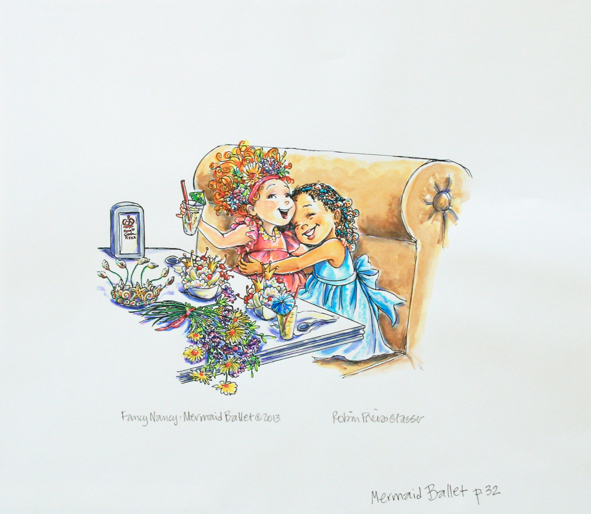 ROBIN PREISS GLASSER - HUGGING ROBIN PREISS GLASSER - HUGGING - PEN, INK & WATERCOLOR - 7.75 X 5.5