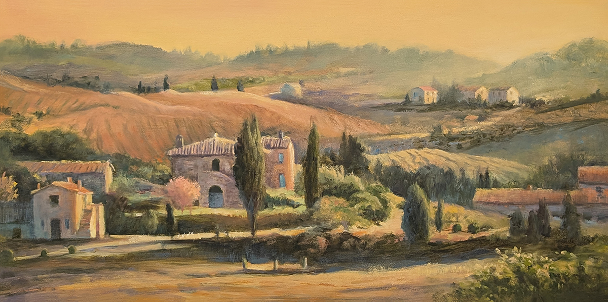 CAROL JESSEN - MORNING HAZE IN TUSCANY - OIL ON BOARD - 30 X 15