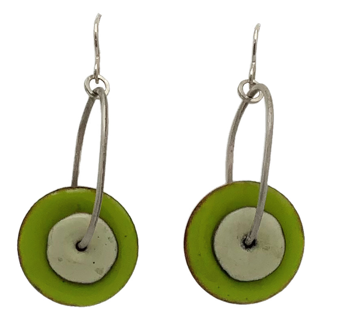 JOANNA CRAFT - GREEN ROUND ENAMEL DROP EARRINGS W/ WHITE ACCENT - ENAMEL & SILVER