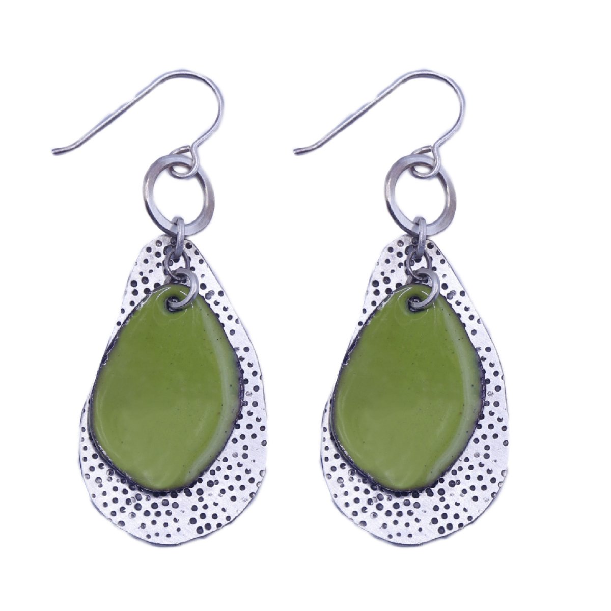 JOANNA CRAFT - GREEN TEARDROP SHAPE ENAMEL & SILVER EARRING - SILVER & ENAMEL