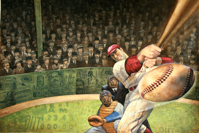 JOHNSON AND FANCHER - HITTING BALL WITH FANS - MIXED MEDIA ON PAPER - 23 X 15.5