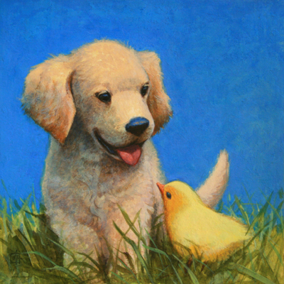 JOHNSON AND FANCHER - PUPPY AND CHICK - OIL ON PAPER - 11 X 11