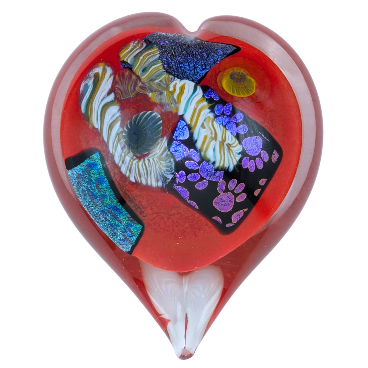 JON OAKES - PAW PRINT & SWIRLS DICHRO HEART PAPERWEIGHT - GLASS - 3.5 X 4.5 X 2