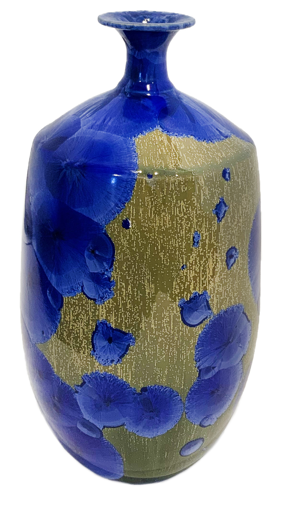 JERRY SAWITZ - BLUE & GOLD CRYSTALLINE GLAZE FLARE BOTTLE - PORCELAIN - 5 X 5 X 11