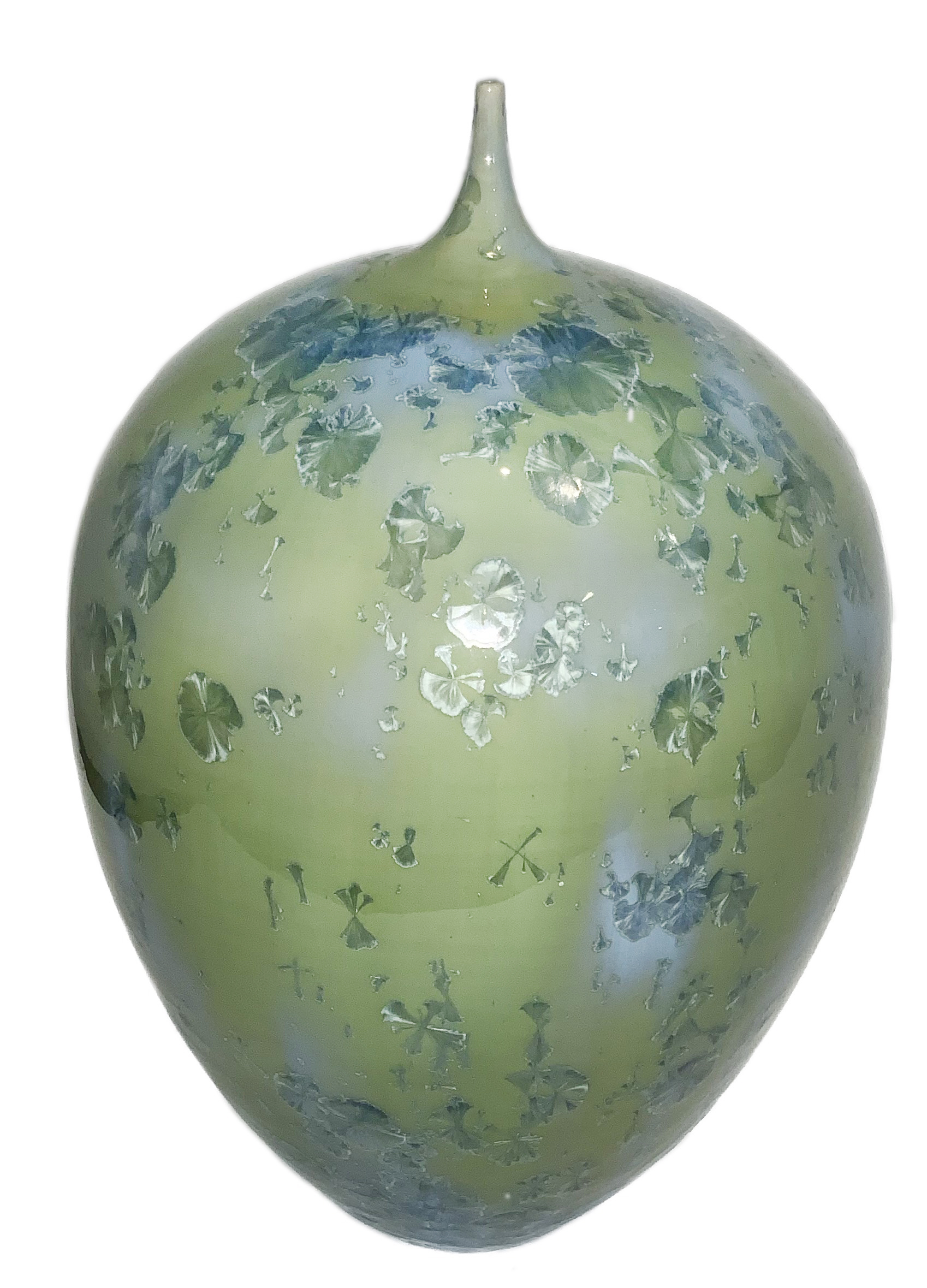 JERRY SAWITZ - GREEN BLUE CRYSTALLINE GLAZE BOTTLE - CERAMIC - 9 X 9 X 13