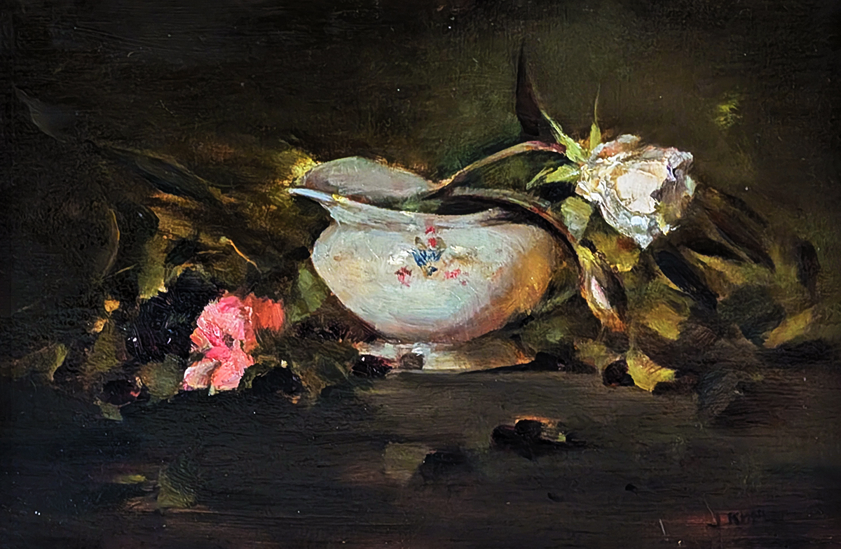 JACQUELINE KAMIN - PORCELAIN AND BLOSSOMS - OIL ON BOARD - 8 x 12