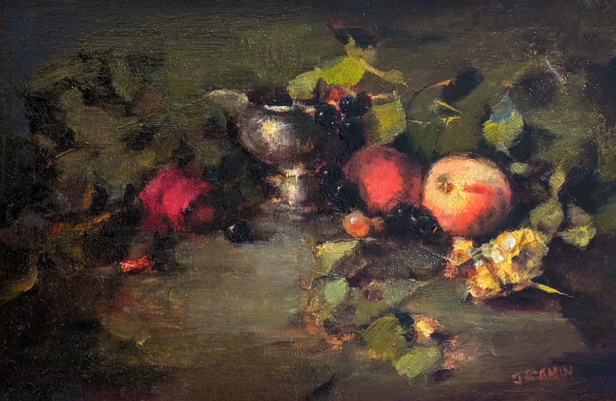 JACQUELINE KAMIN - SILVER WITH PEACHES AND RED ROSE - OIL ON BOARD - 12 X 8