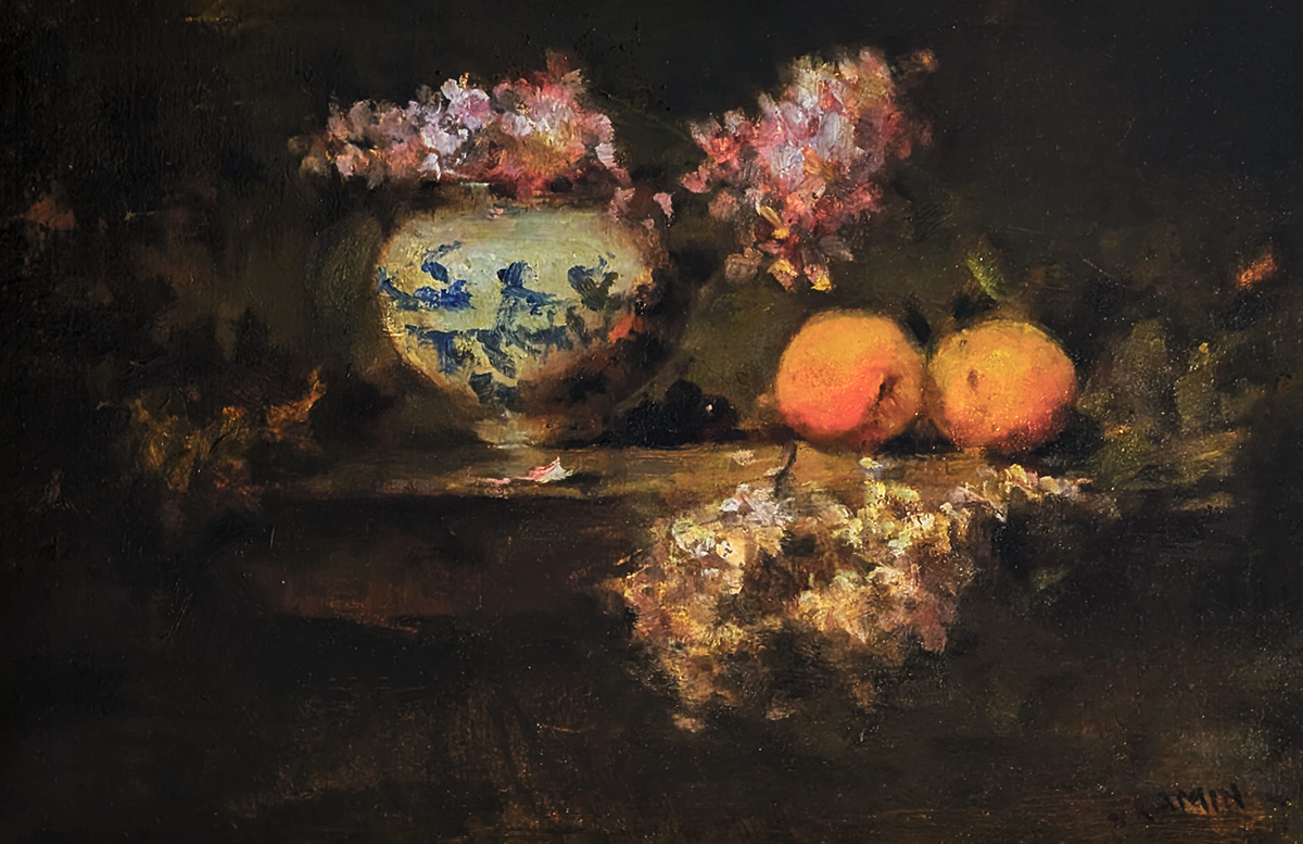 JACQUELINE KAMIN - LILACS AND PLUOTS - OIL ON BOARD - 12 X 8