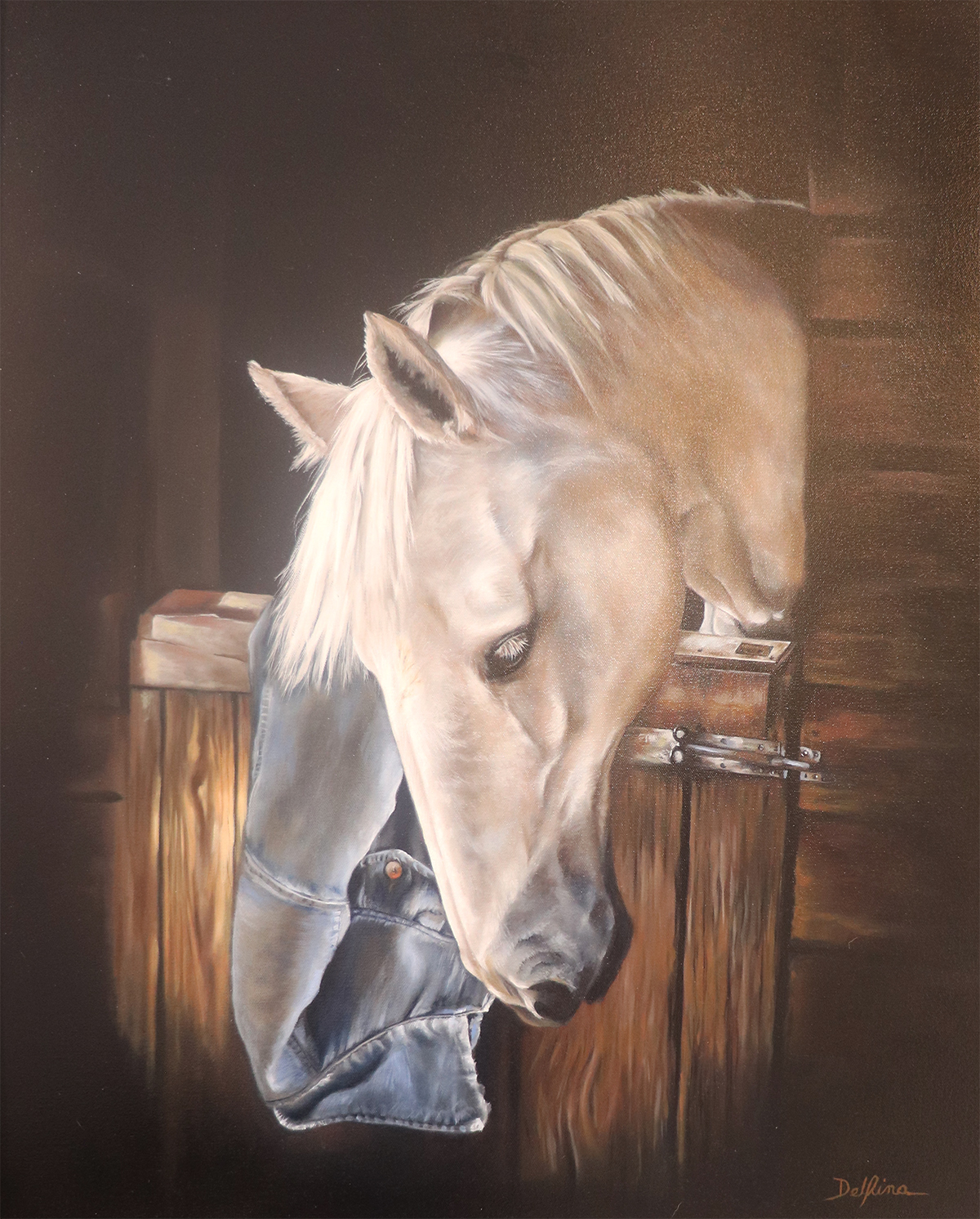 LINDA KARAGOZIAN - STABLE HORSE - OIL ON CANVAS - 29 1/2 X 35 1/2