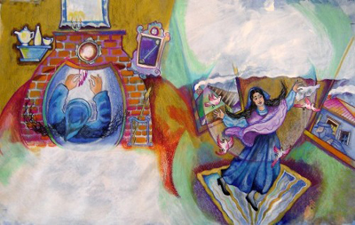 DEBORAH NOURSE LATTIMORE - WOMAN AND FIREPLACE - MIXED MEDIA ON PAPER - 20 X 13