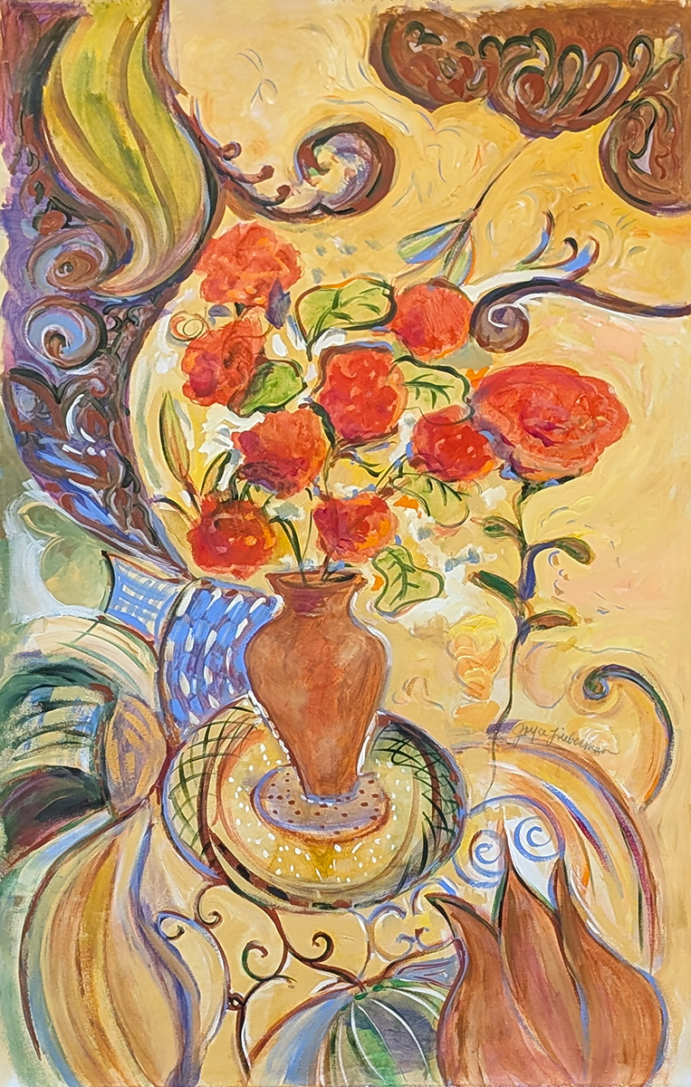 JOYCE LIEBERMAN - PATIO ROSES - ACRYLIC ON CANVAS - 24 X 48