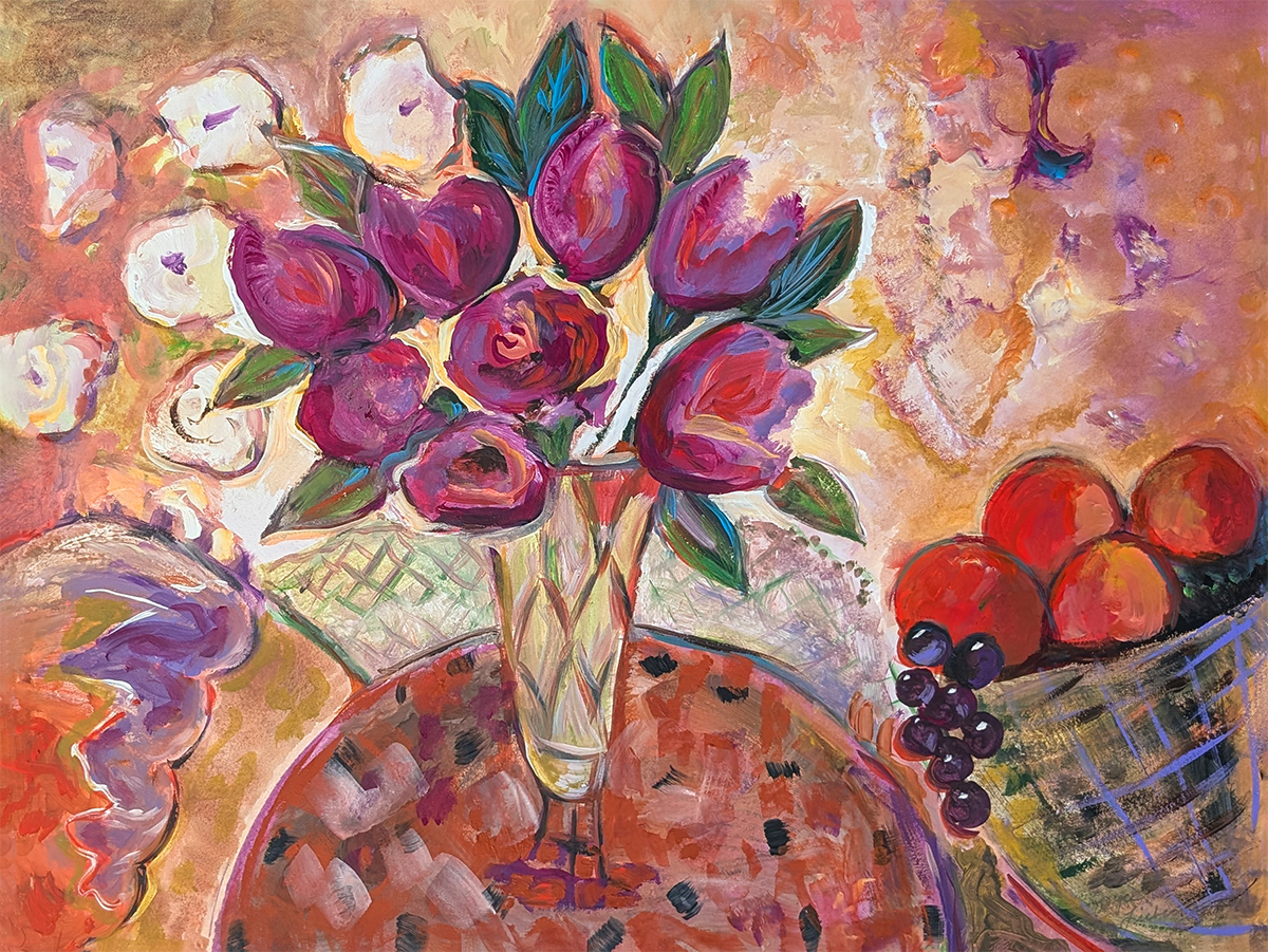 JOYCE LIEBERMAN - ORANGE & PURPLE ROSES - ACRYLIC ON PAPER - 30 X 22