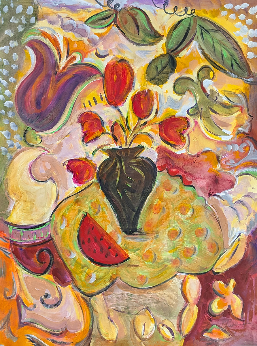 JOYCE LIEBERMAN - POPPING UP ALL OVER - ACRYLIC ON PAPER - 22 X 30