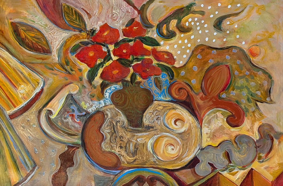 JOYCE LIEBERMAN - POSEY PARTY UNSTILL LIFE - ACRYLIC ON CANVAS - 48 X 36