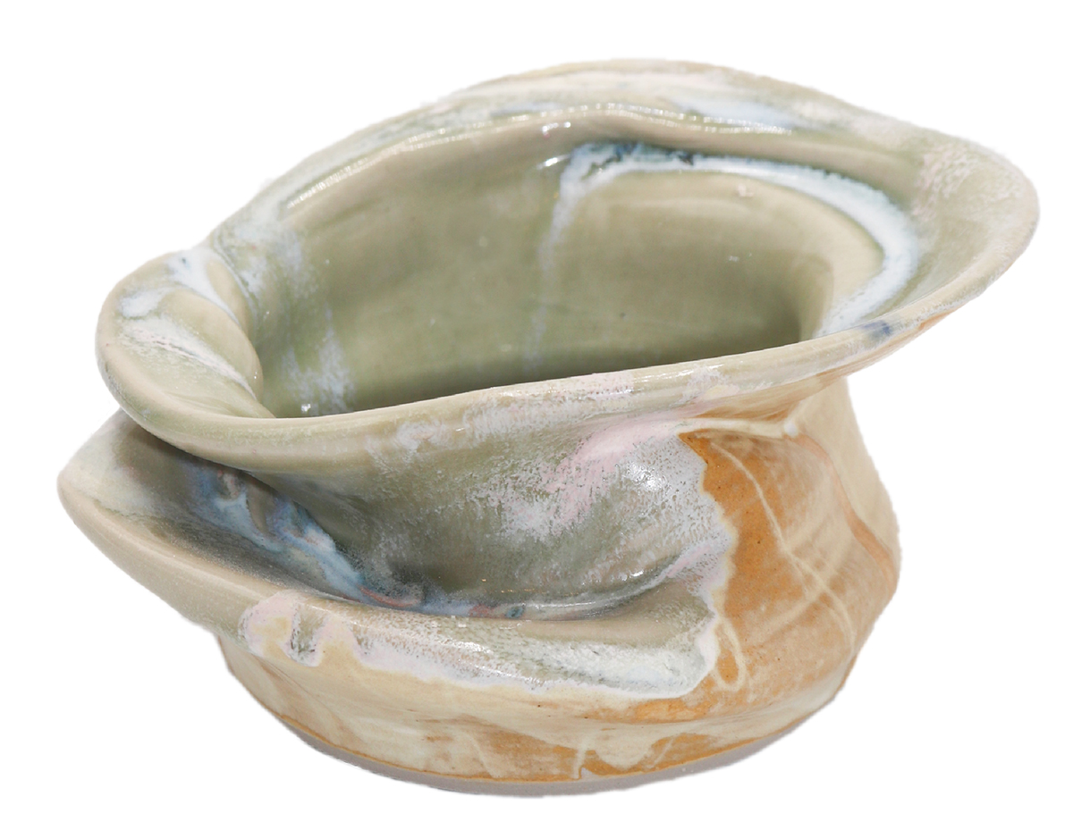 KAREN LIBA - CREAM & BLUE MARBLED CRIMPED BOWL - CERAMIC - 5.75 X 2.5 X 5.5