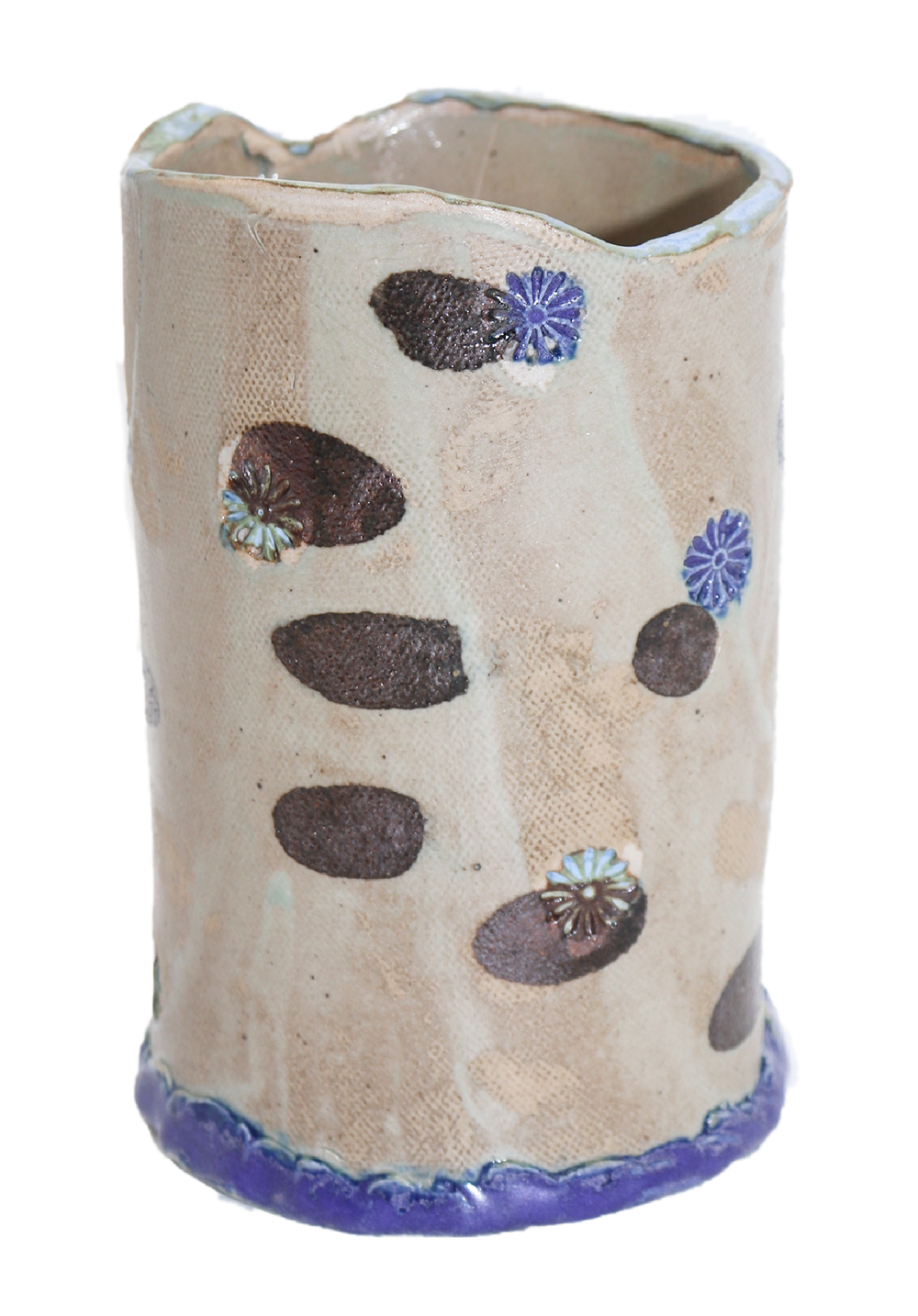 KAREN LIBA - FLOWER IMPRINTED BEIGE & PURPLE VASE - CERAMIC - 3.5 X 5.75 X 3.5