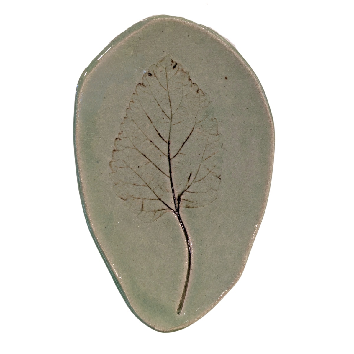 KAREN LIBA - GREEN LEAF IMPRINT TRAY - CERAMIC - 1.5 X 4.5 X 6.5