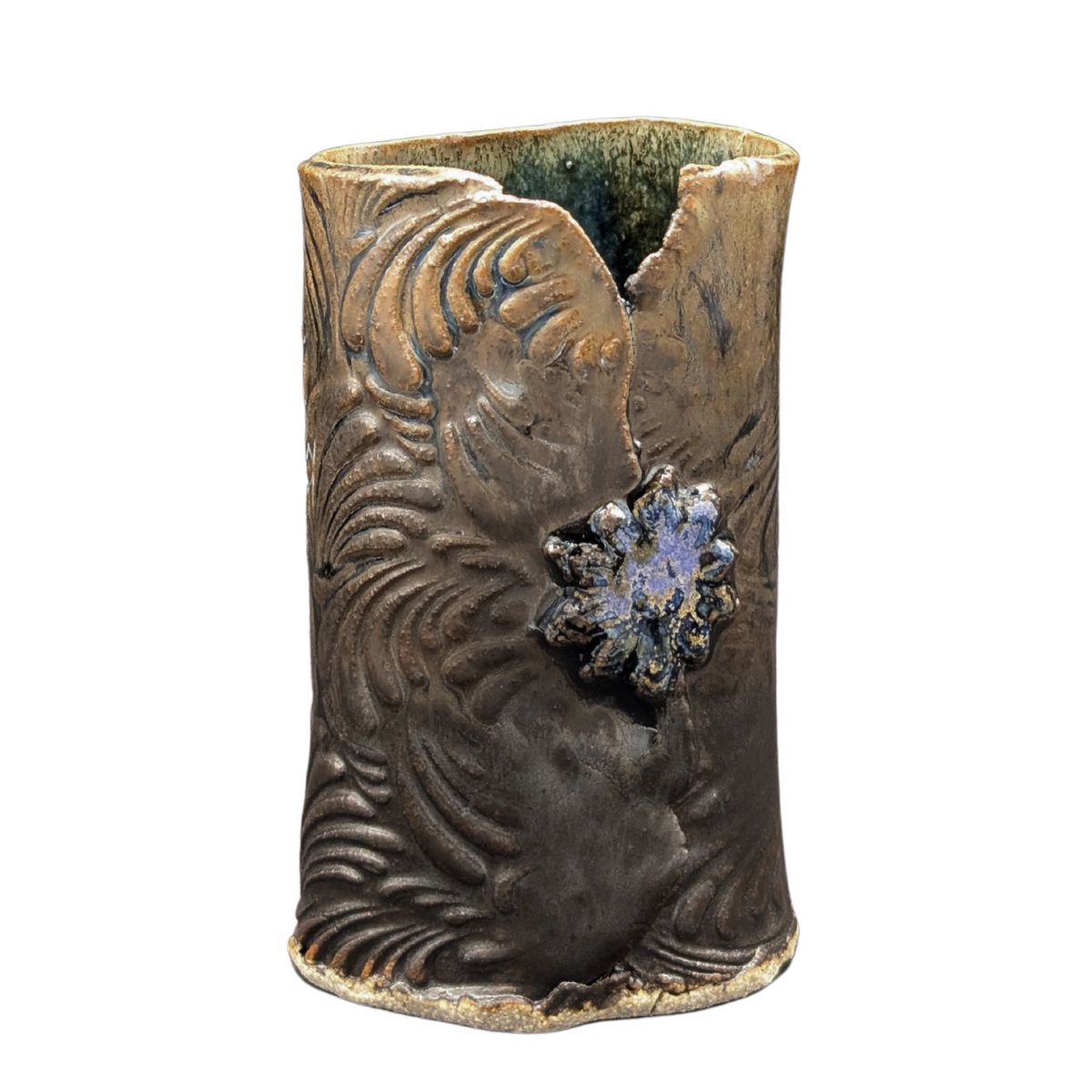 KAREN LIBA - SM BROWN VESSEL W BLUE ORNAMNET - CERAMIC - 2 X 4 X 2.5