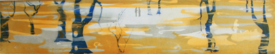LESLIE LOWINGER - TREES AND FOG- YELLOW AND BLUE - MIXED MEDIA ON PAPER - 39.75 X 8