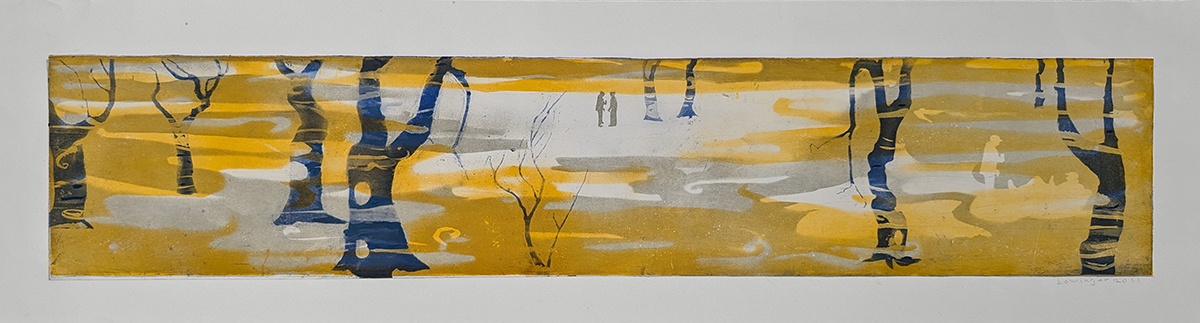LESLIE LOWINGER - TREES AND FOG- YELLOW AND BLUE - MIXED MEDIA ON PAPER - 39.75 X 8