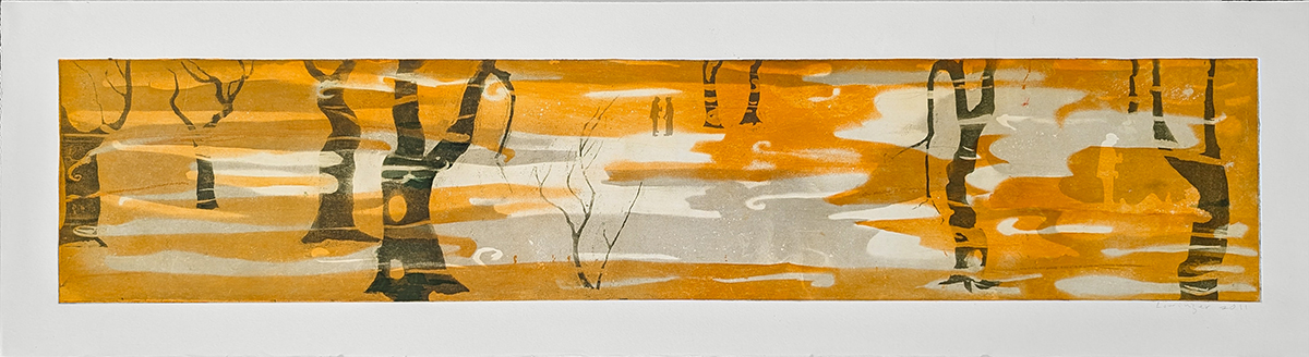 LESLIE LOWINGER - TREES AND FOG- ORANGE AND GREEN - MIXED MEDIA ON PAPER - 39.75 X 8