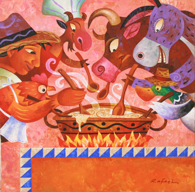 RAFAEL LOPEZ - EVERYONE STIRRING THE CAZUELA - ACRYLIC ON BOARD - 12.5 X 12.75