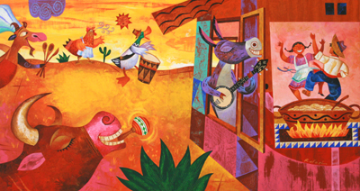 RAFAEL LOPEZ - PLAYING INSTRUMENTS & DANCING RAFAEL LOPEZ - PLAYING INSTRUMENTS & DANCING - ACRYLIC ON BOARD - 24 X 12.75