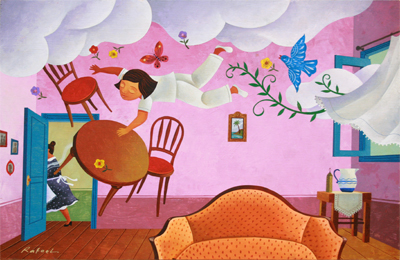 RAFAEL LOPEZ - FLOATING THROUGH HOME - ACRYLIC ON BOARD - 20 X 13