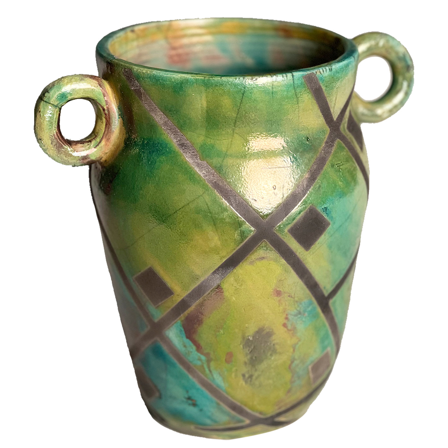 JON LUNDSTROM - GREEN RAKU STONEWARE VASE - CERAMIC - 5 x 7.5 x 5