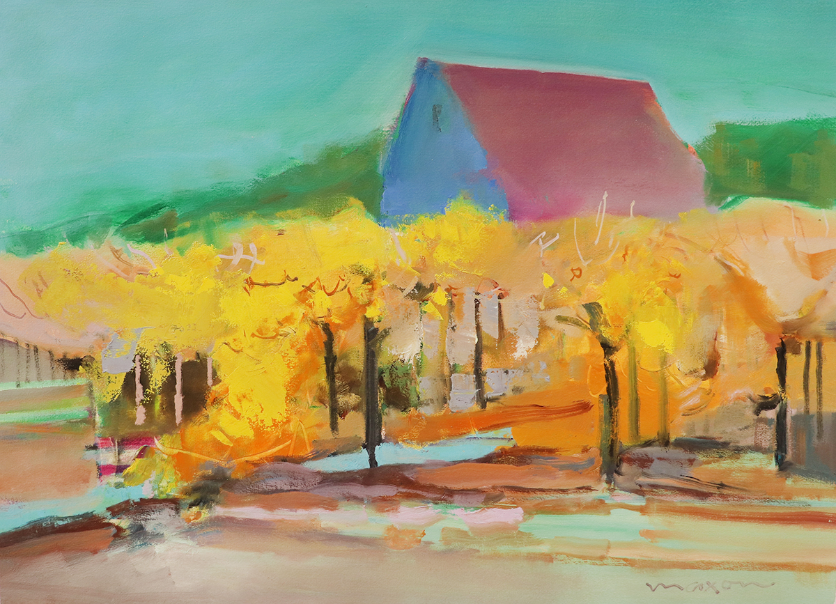 JOHN MAXON - BLUE BARN - OIL ON PAPER - 28 X 20