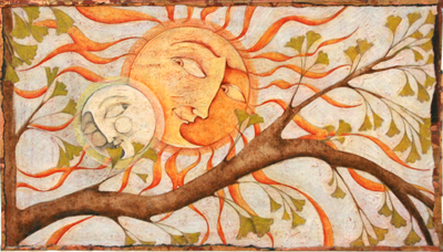 LISA MERTINS - SUN & MOON - MIXED MEDIA ON BOARD - 14.5 X 8.25