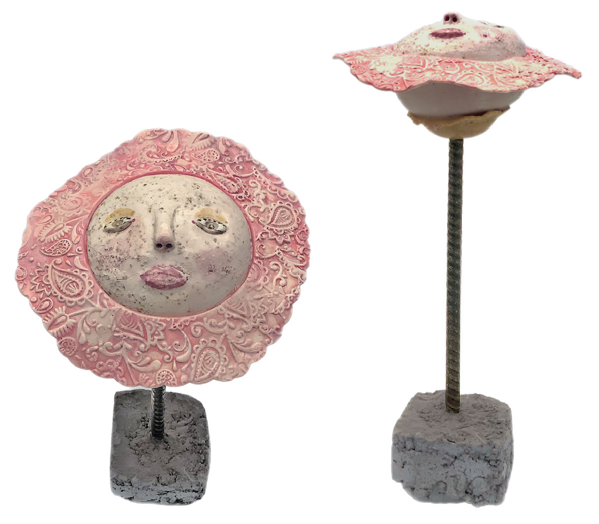 LISA MERTINS - SOFT RED SUN W/ FACE ON STAND - CERAMIC - 6.5 x 12 x 6.5
