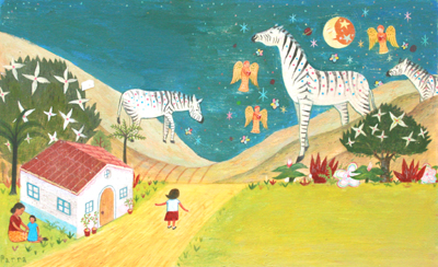 JOHN PARRA - ZEBRAS & ANGELS - ACRYLIC ON BOARD - 19 X 11.5