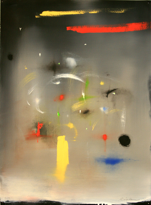 CURTIS RIPLEY - "PAGE 919" - BLACK/GREY BACKGROUND WITH RED, YELLOW, BLACK AND GREEN ABSTRACT - OIL ON PAPER - 15 X 21