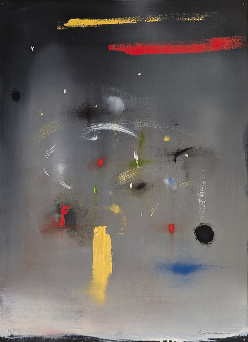 CURTIS RIPLEY - "PAGE 919" - BLACK/GREY BACKGROUND WITH RED, YELLOW, BLACK AND GREEN ABSTRACT - OIL ON PAPER - 15 X 21