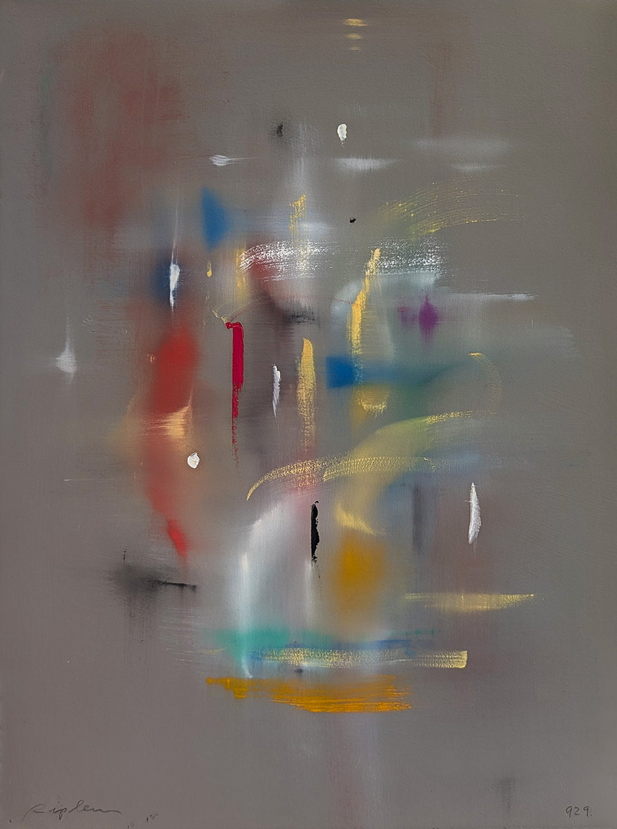 CURTIS RIPLEY - "PAGE 929" - GREY/BROWN BACKGROUND WITH YELLOW, RED, WHITE, BLACK AND BLUE ABSTRACT - OIL ON PAPER - 15 X 21