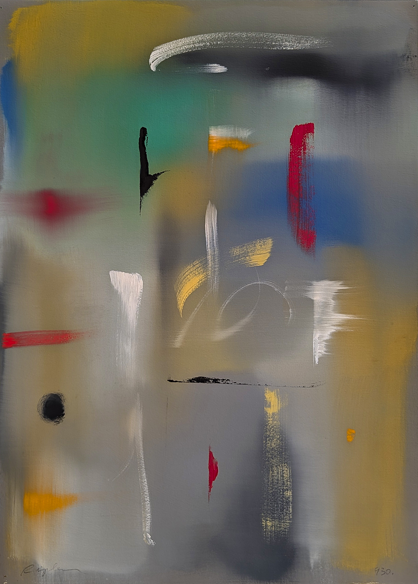 CURTIS RIPLEY - "PAGE 930" - YELLOW/GREEN/GREY BACKGROUND WITH RED, YELLOW, BLACK AND WHITE ABSTRACT - OIL ON PAPER - 15 X 21