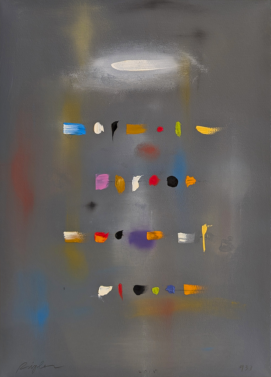 CURTIS RIPLEY - "PAGE 933" - GREY BACKGROUND WITH BLUE, WHITE, BLACK, RED AND YELLOW ABSTRACT - OIL ON PAPER - 15 X 21