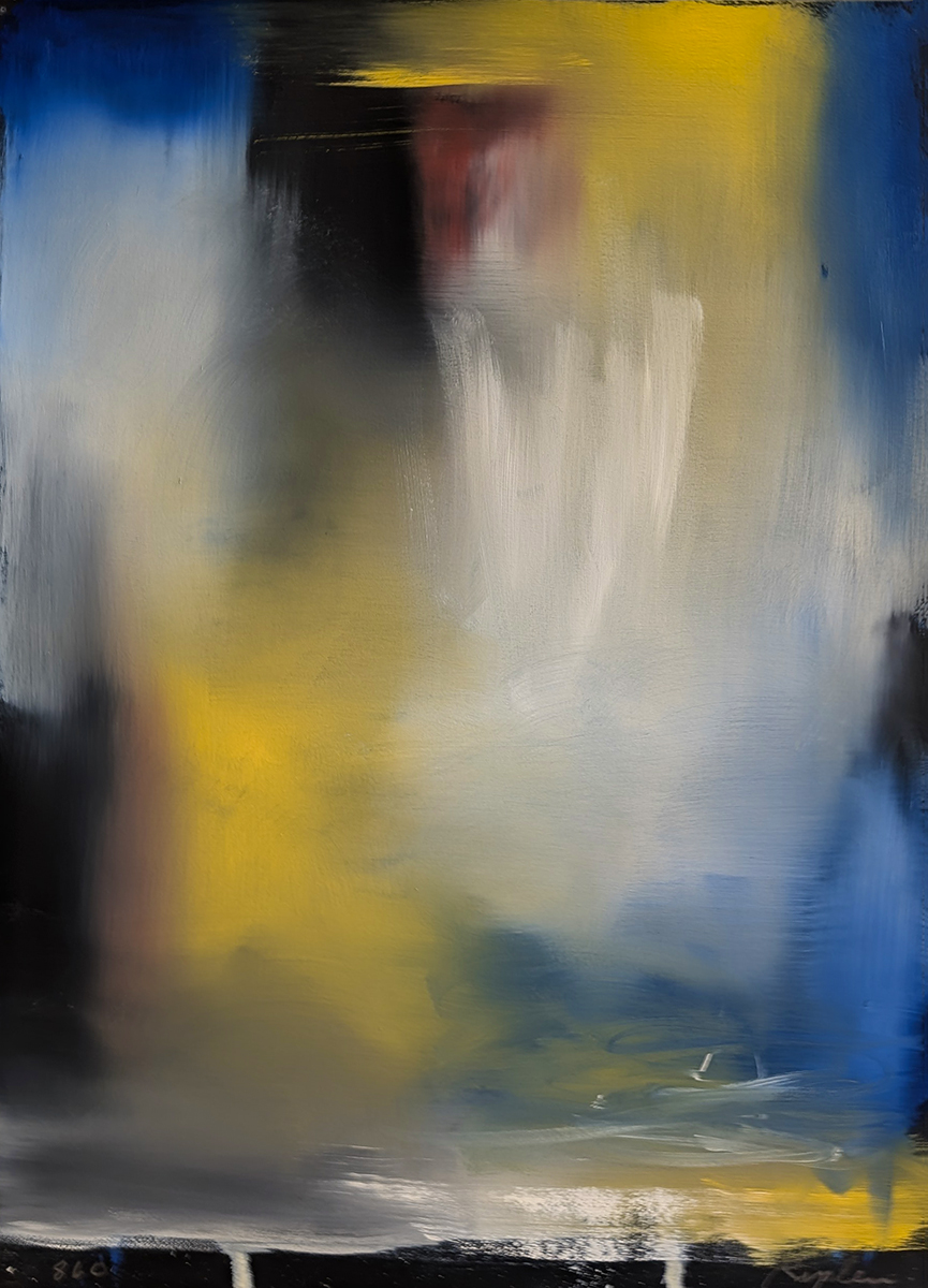 CURTIS RIPLEY - "PAGE 860" - BLUE, BLACK, YELLOW, WHITE AND RED ABSTRACT - OIL ON PAPER - 15 X 21