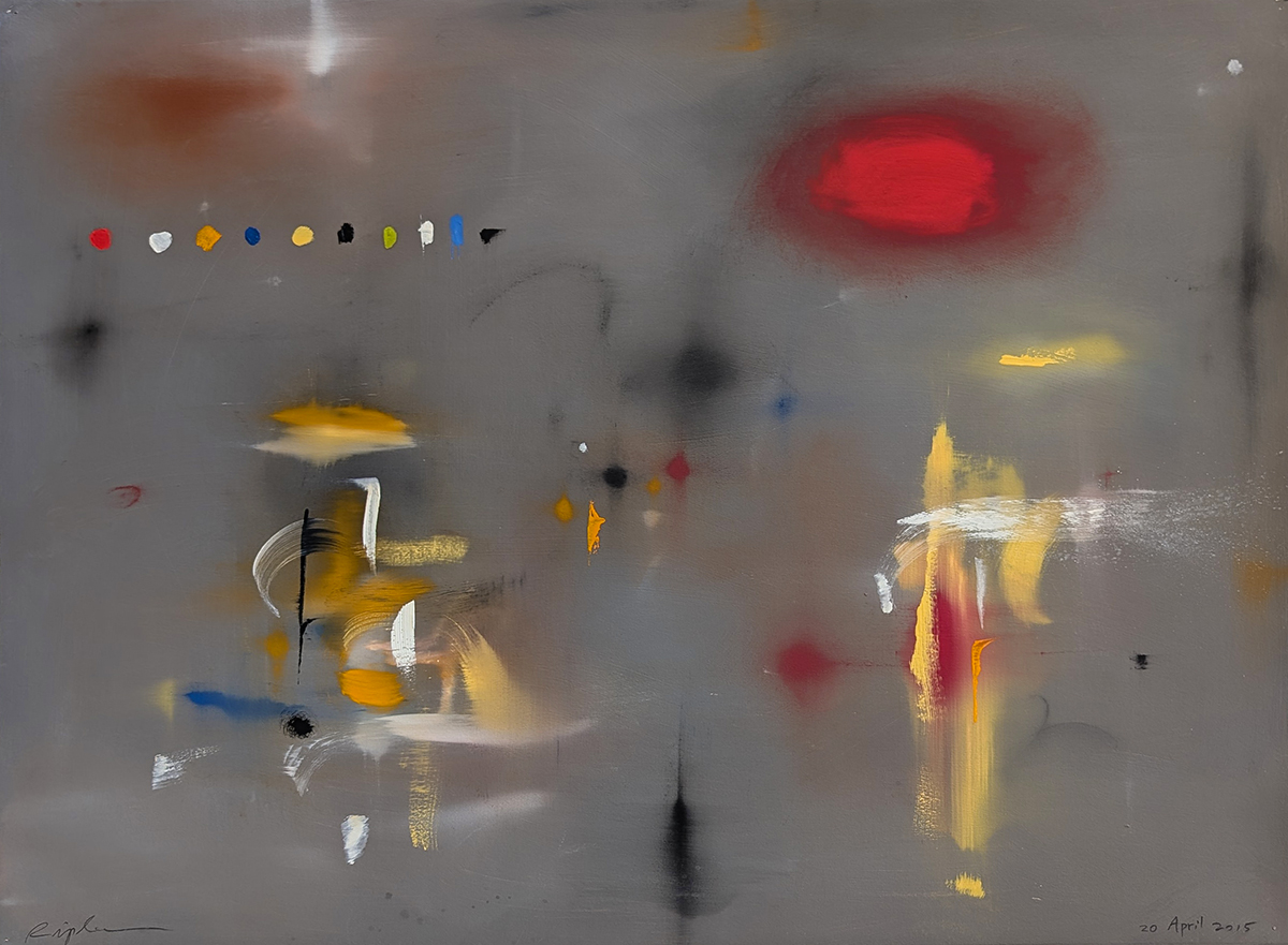 CURTIS RIPLEY - "20 APRIL 2015" - GREY BACKGROUND WITH YELLOW, RED AND WHITE ABSTRACT - OIL ON PAPER - 30 X 22.25