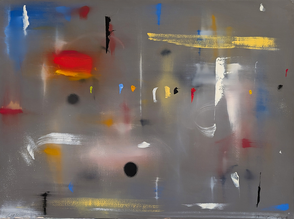 CURTIS RIPLEY - "19 SEPTEMBER 2014" - GREY BACKGROUND WITH YELLOW, RED, BLUE, WHITE AND BLACK ABSTRACT - OIL ON PAPER - 30 X 22.25