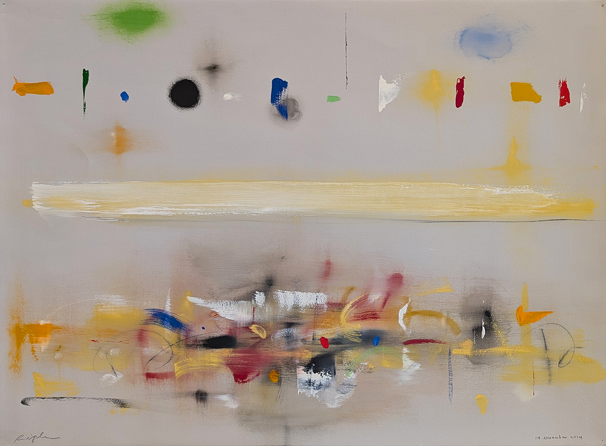 CURTIS RIPLEY - "14 NOVEMBER 2014" - LIGHT GREAY BACKGROUND WITH MULTIPLE COLORS AND YELLOW/WHITE STRIPE - OIL ON PAPER - 30 X 22.25