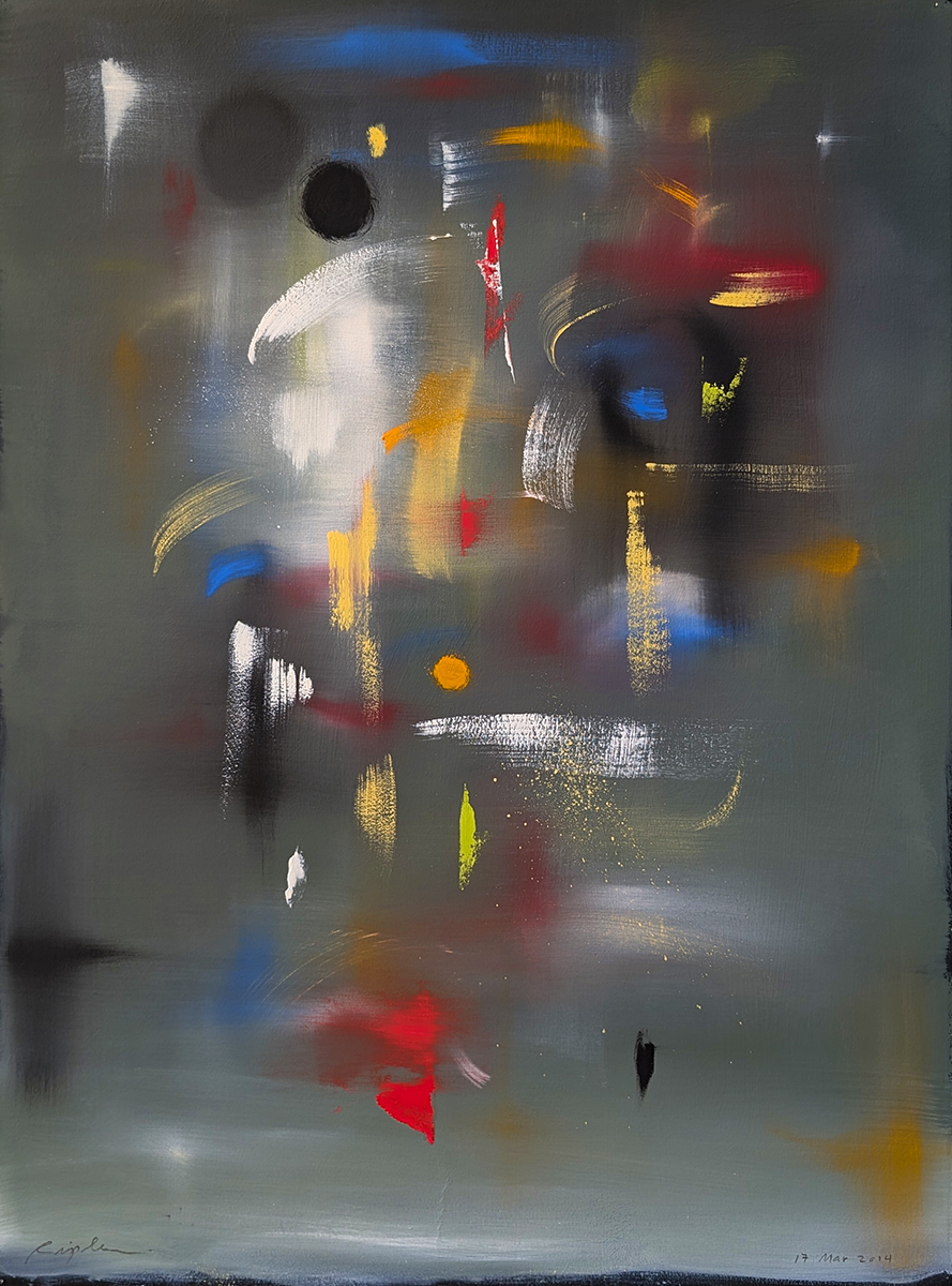 CURTIS RIPLEY - "17 MARCH 2014" - GREEN/GREY BACKGROUND WITH YELLOW, BLACK, WHITE, RED AND GREEN ABSTRACT - OIL ON PAPER - 22.25 X 30