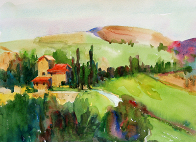 PETE ROBERTS - IL COLOMBAIO WINERY, MONTALCINO, ITALY - WATERCOLOR - 14 X 10