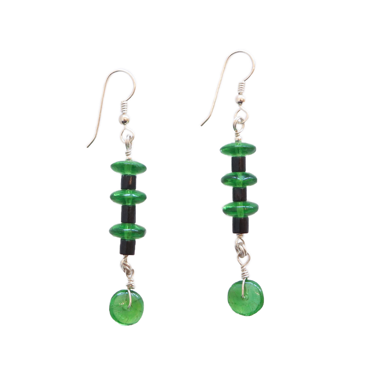 JANET SEWARD - GREEN GLASS TRADEBEAD EARRINGS - SILVER & BEADS