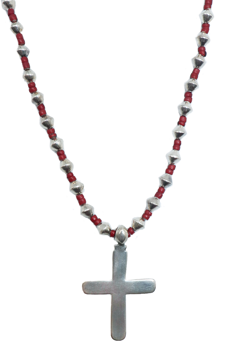JANET SEWARD - ETHEOPIAN SILVER CROSS W/ RED AND SILVER BEADS - SILVER & BEADS