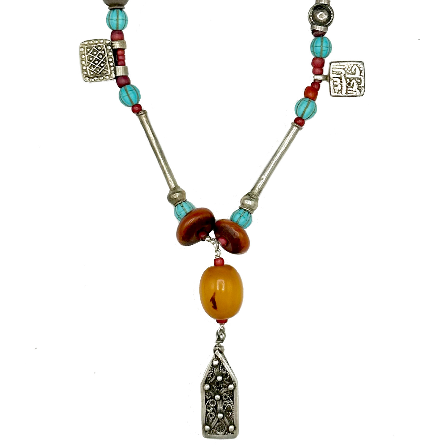 JANET SEWARD - ANTIQUE MOROCCAN & ETHIOPIAN PENDANT W/ TUBE BEAD NEKLACE - MIXED MEDIA