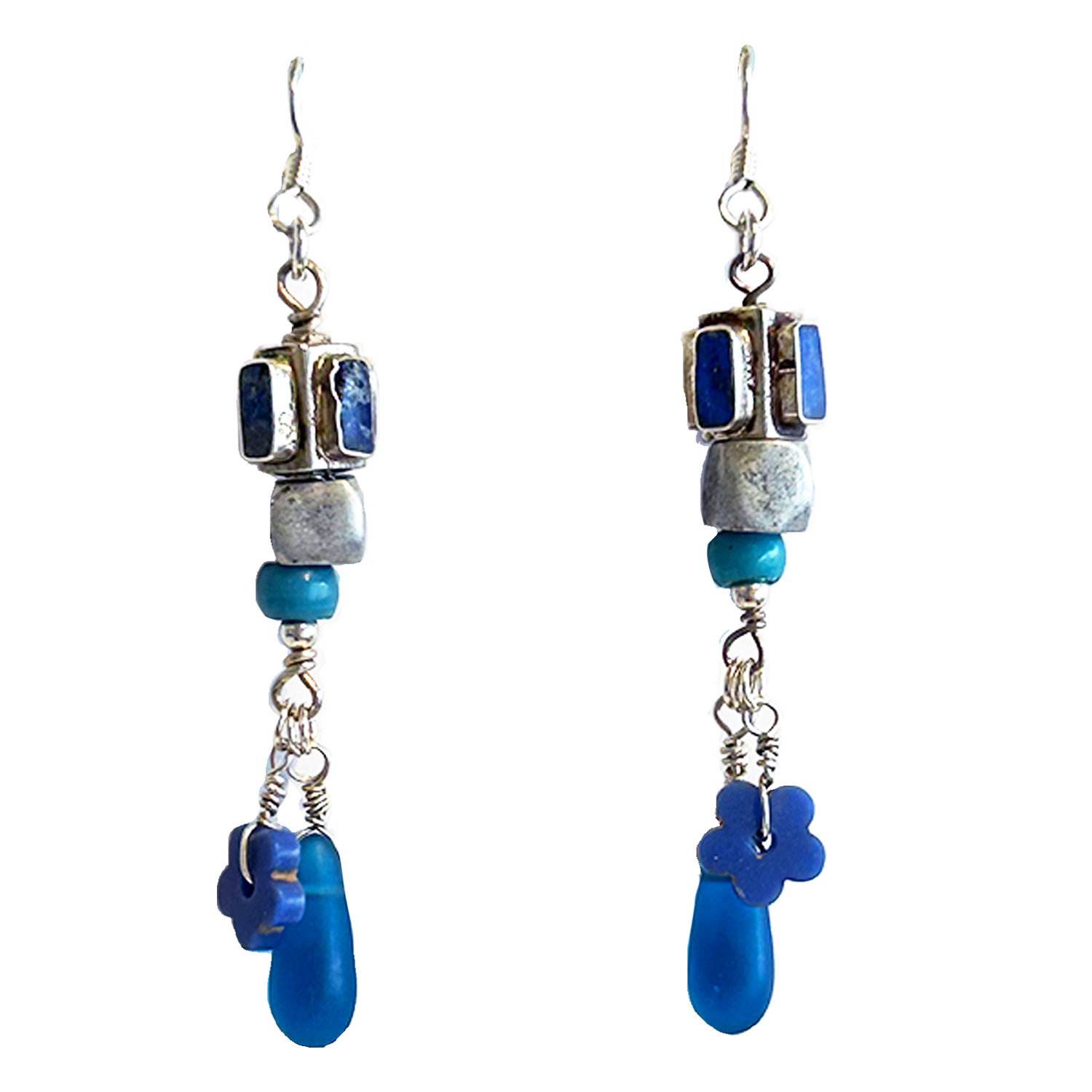 JANET SEWARD - GLASS TRADE-BEADS & LAPIZ LAZULI BEADS EARRING - BEADS & SILVER