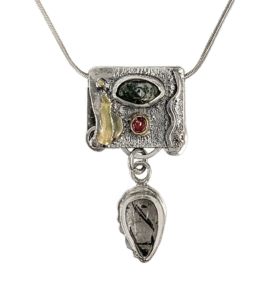 MONIQUE SELWITZ - PINK TOURMALINE SET IN 22K GOLD & BLACK BEACH ROCK & RUTILATED QTZ PENDANDT - STERLING & GEMSTONE